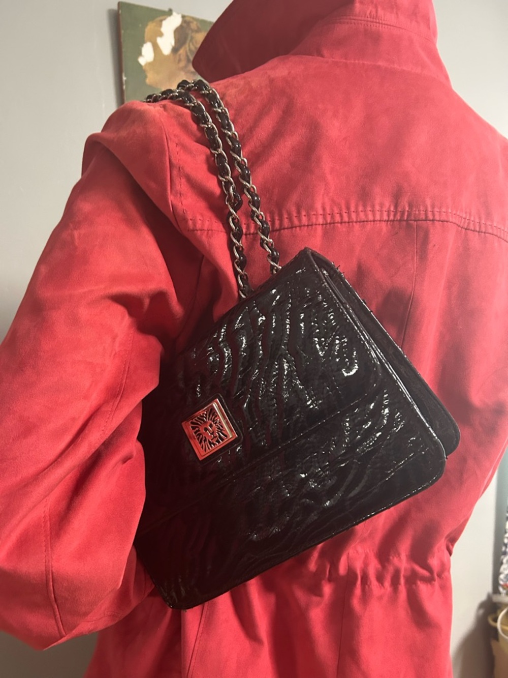 Anne Klein Black Patent Quilted Shoulder Bag with Chain Strap